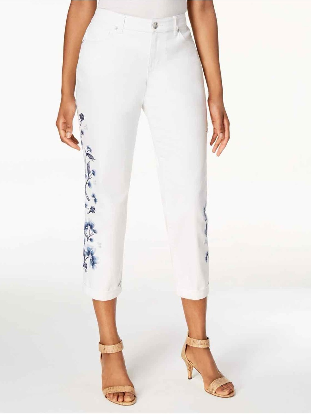 Style & Co Petite Floral Embroidery Crop Boyfriend Jeans White Blue 16P Boho Mom